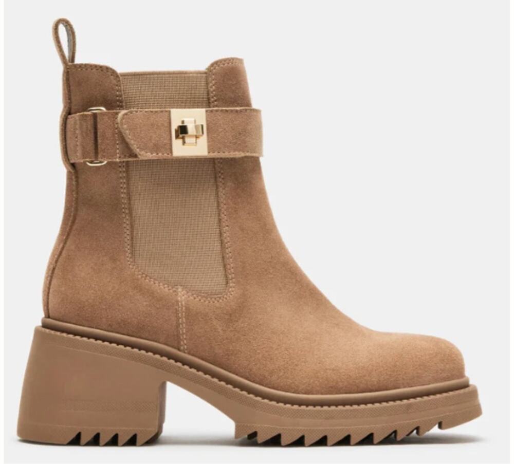Steve Madden Gates Taupe Suede Lug Sole Chelsea Booties Buckle 8.5